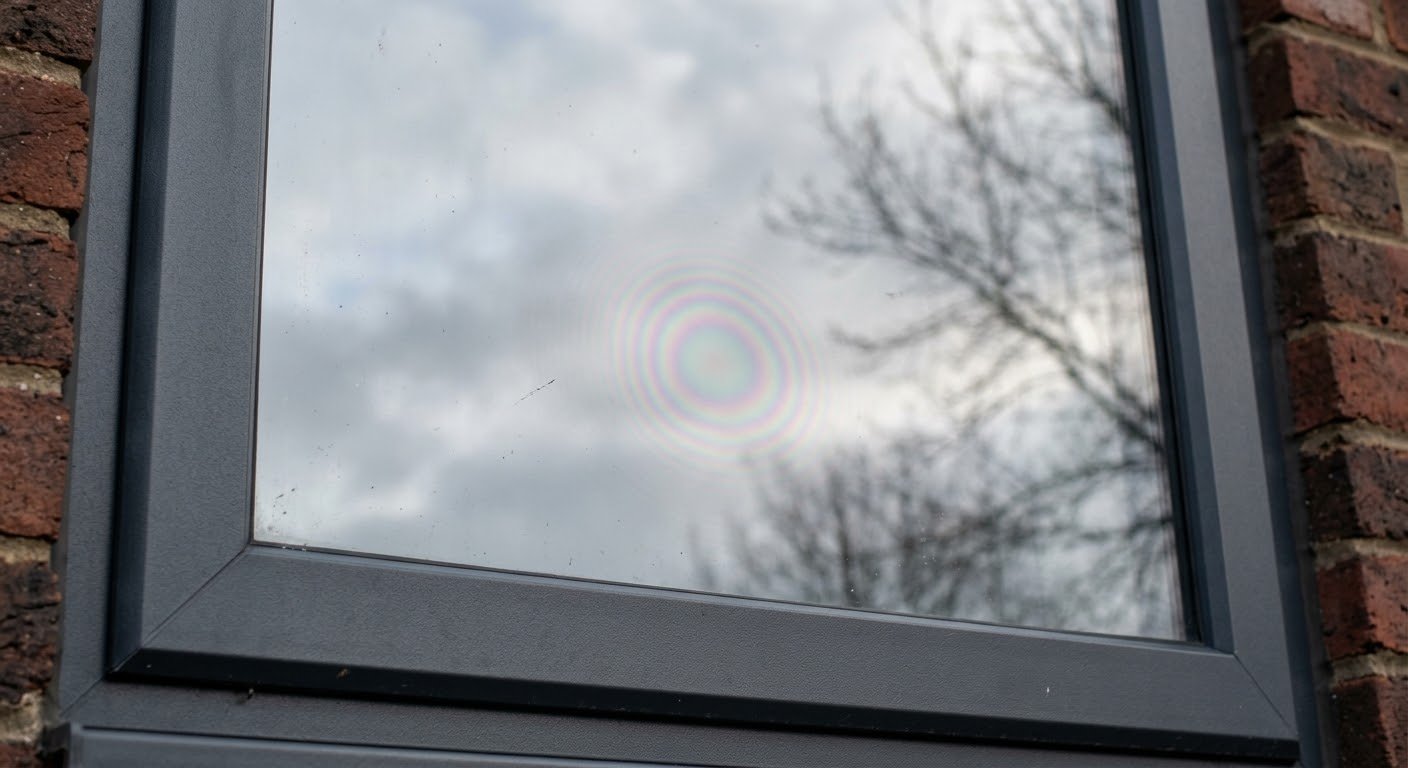 Newton rings in the reflection of an insulating glass unit, faint coloured circles in the middle of the pane