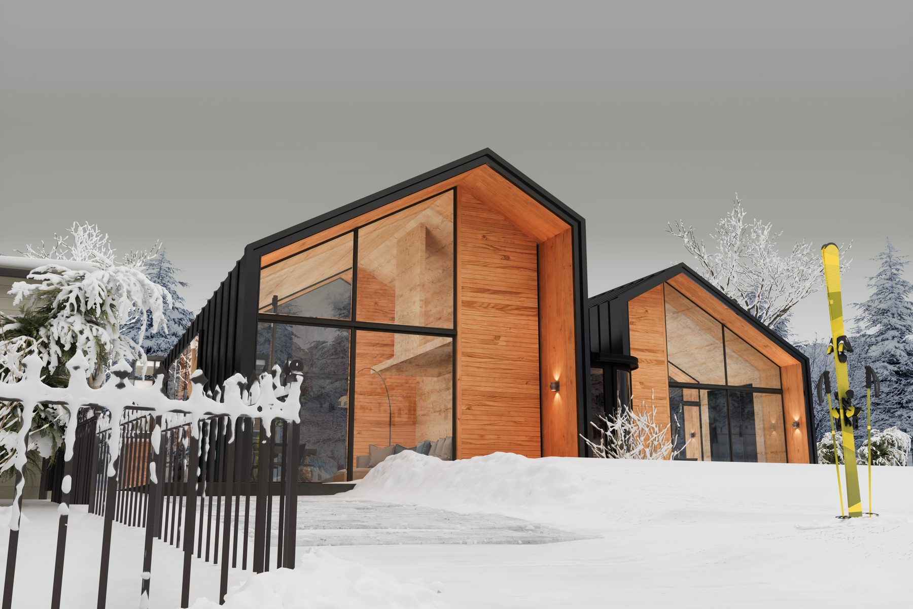 Haus mit großer Verglasung im Winter