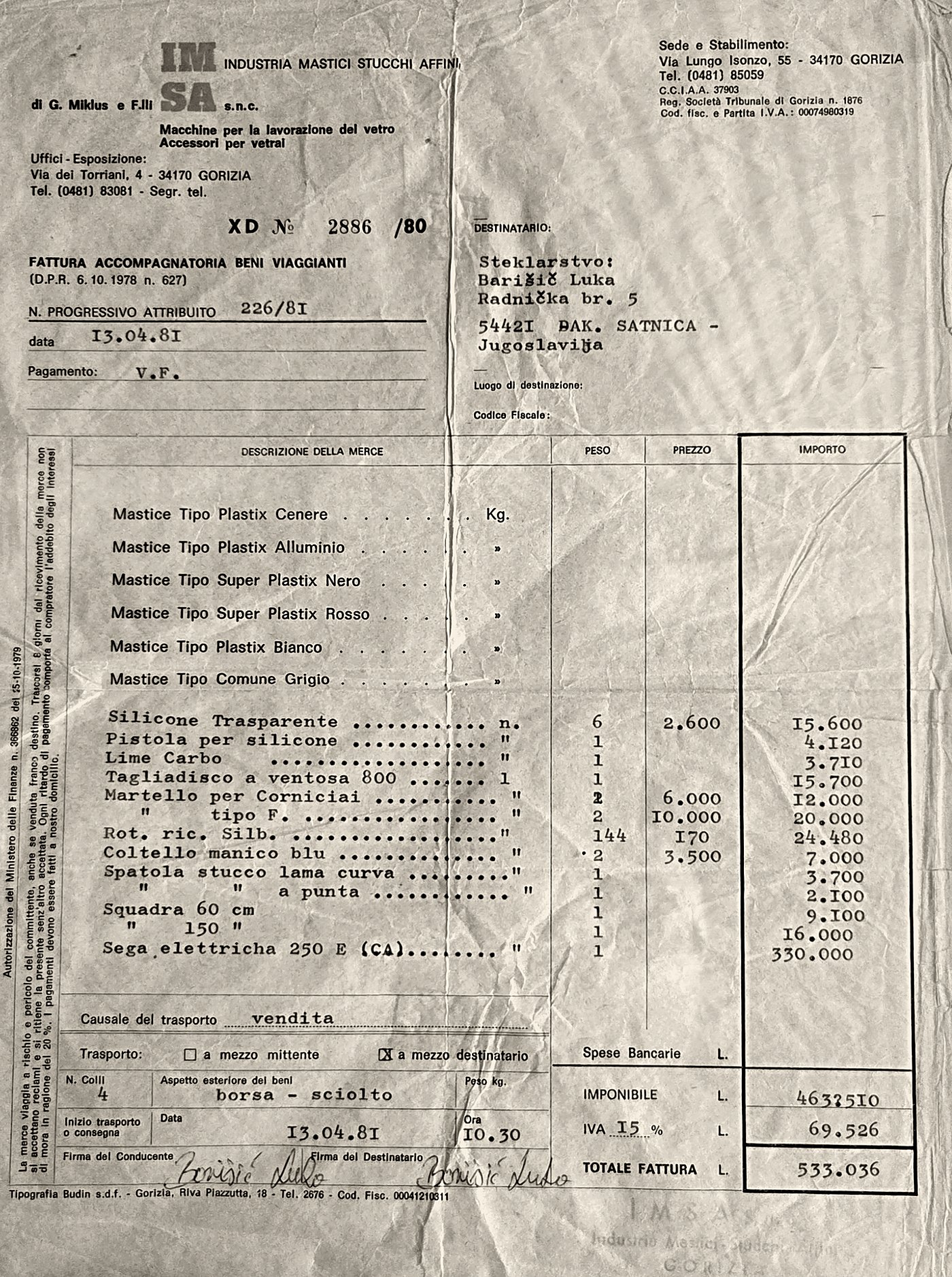 The first invoice, IMSA Gorizia, 1981
